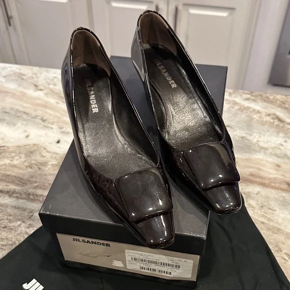 Vintage Jil Sander Burgundy Patent Leather Square-Toe Pumps – Size 8 – Italy - Picture 4 of 12